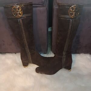 Tory Burch Chic Brown Suede Knee High Boots With Gold Hardware.